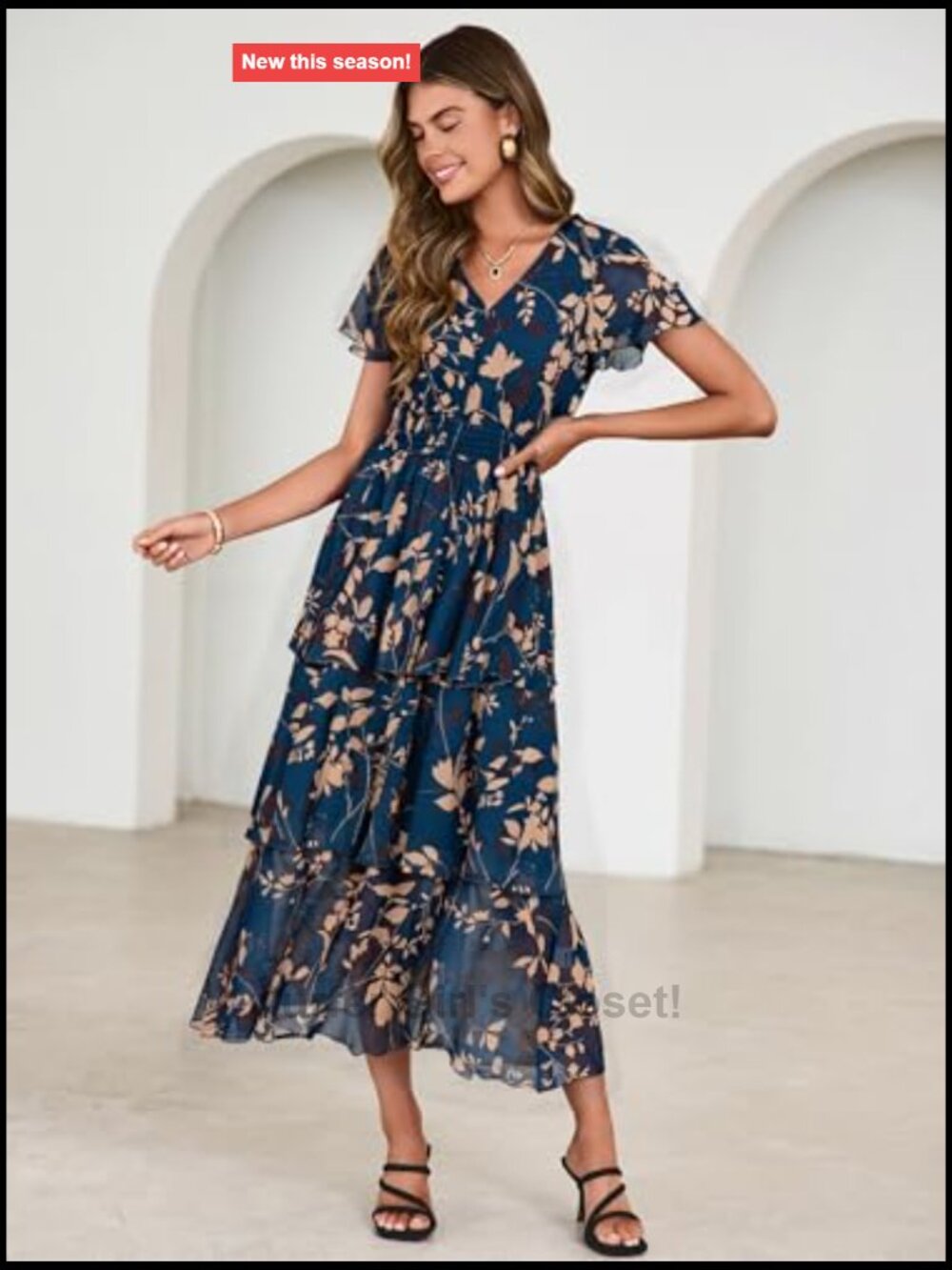 Women Floral Summer Maxi Dress Boho Flowy Ruffle Tiered Short Sleeve V Neck - Picture 3 of 7